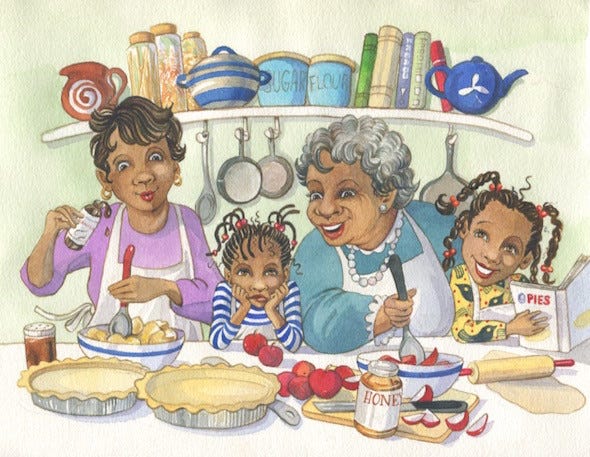 grandmother, mother, and two granddaughters with pie crusts making apple pie filling by Stacy Heller Budnick (represented by WendyLynn & Co)