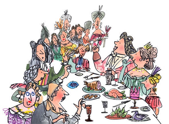sketch of people in fancy Victorian dress having a meal by Mark Beech