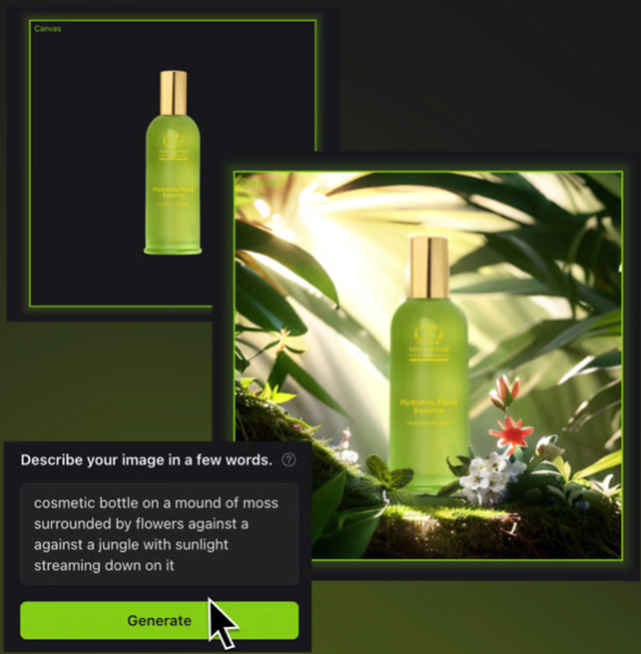 Image of a cosmetic bottle in a jungle setting from the input “cosmetic bottle on a mound of moss surrounded by flowers against a jungle with sunlight streaming down on it.