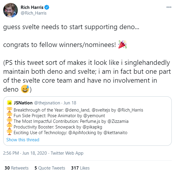 Rich Harris tweets about being #1 with Deno. Hey, maybe we should interop with Deno a bit better?