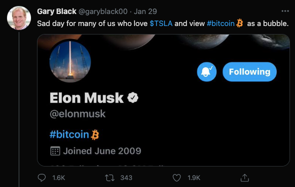 Tesla Bull and financial expert Gary Black tweets his displeasue with Tesla’s decision to buy Bitcoin.