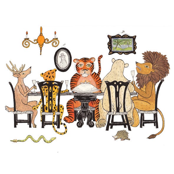 deer, leopard, tiger, bear, and lion sitting at a dining table eating together by Catherine Weyerhaeuser