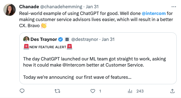Tweet I shared to show the Intercom collab with ChatGPT