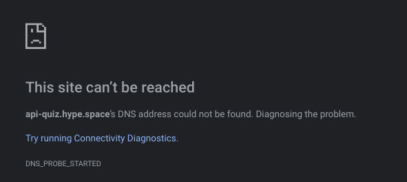 Chrome error page stating the DNS address for HQ’s internal server cannot be found