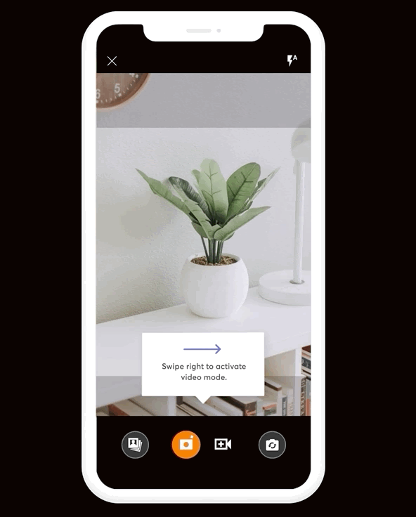 The image capture screen of Mercari with a tooltip informing users they can swipe right to capture video for their listing.
