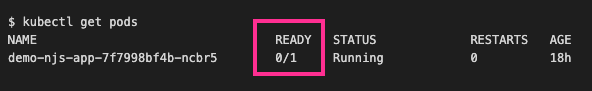 A screenshot of a terminal window showing kubectl get pods output with a pod having READY 0/1