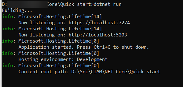 Image showing “dotnet run” command prompt screen — listening on localhost:7274