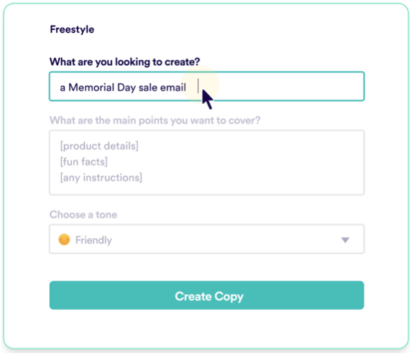 Form to create copy with the fields: ”What are you looking to create?”, “What are the main points you want to cover?” and “Choose a tone”.