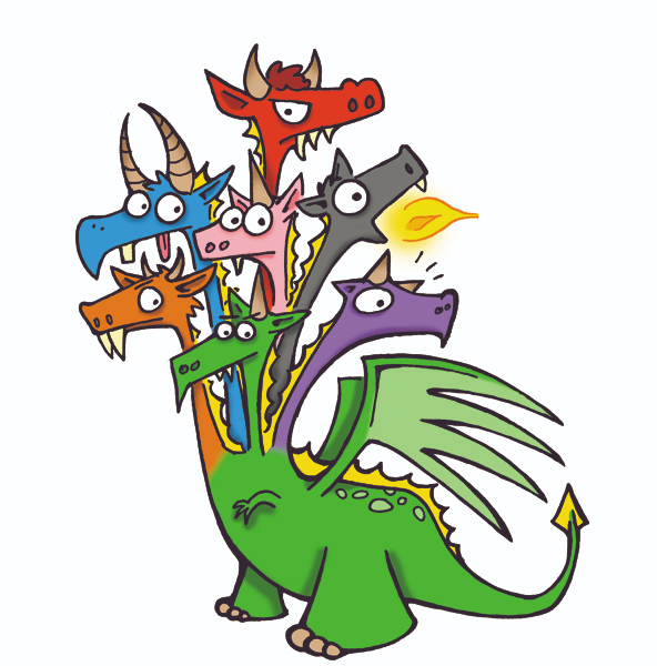 Imagem cartoon de um dragão verde com sete cabeças coloridas, 4delas viradas para a esquerda e 3 viradas para a direita com uma soltando fogo pela boca.
