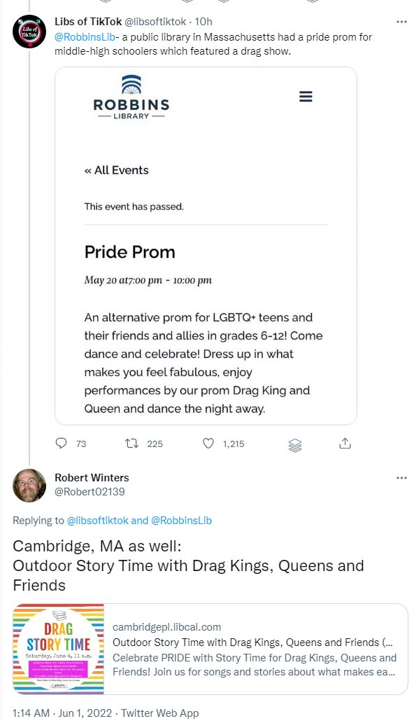 Tweet from Robert Winters adding a Cambridge children’s Pride event to Libs of TikTok’s list.
