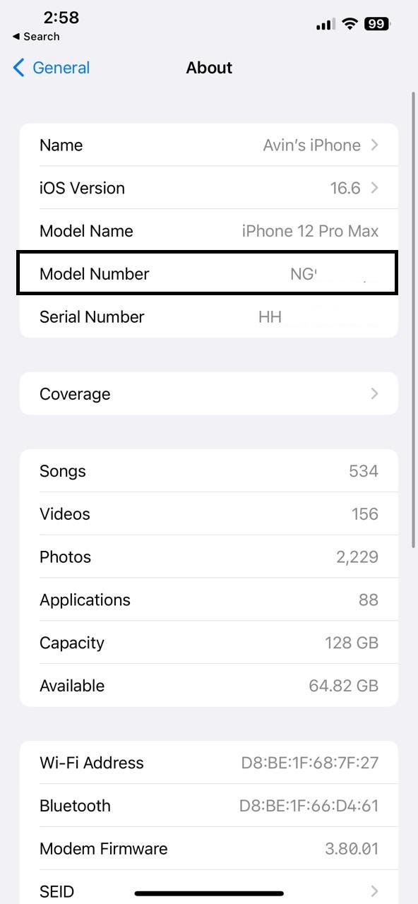 Model Number in settings