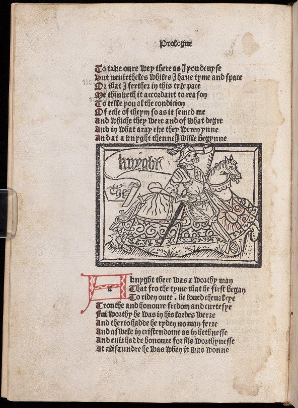 Page of text with a woodcut engraving in the middle of the page. The engraving depicts a knight on horseback.