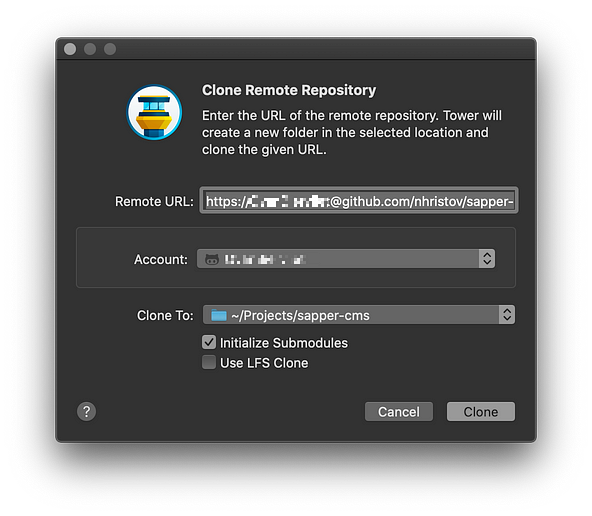 Clone Remote Repository dialog box from Tower GIT client