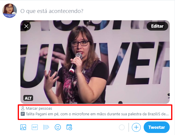 Caixa de publicação de tweet na versão web, com uma foto inserida e agora com a descrição da imagem abaixo da foto.