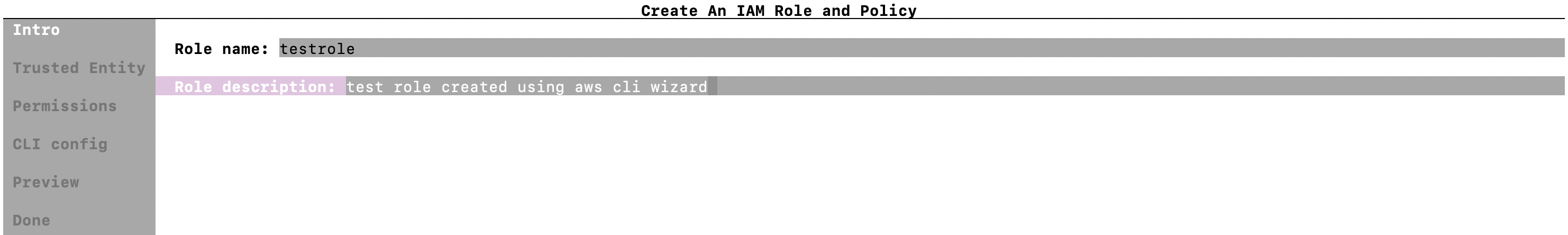 $ aws iam wizard new-role — add role name & description