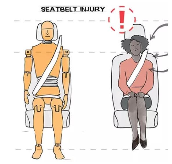 An illustration depicting the difference of seatbelt position on a woman’s body versus a male crash test dummy