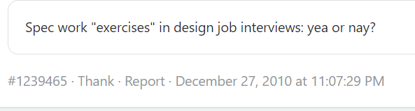 A Designer (possibly) asking on Quora in 2010 if spec work exercies in design job interviews are yes or a no