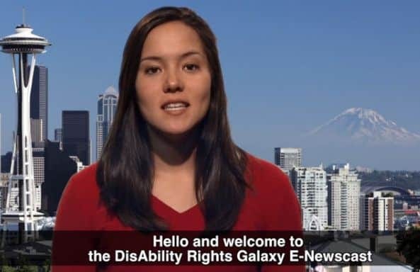 Closed captioning on a news broadcast saying “Hello and welcome to the Disability Rights Galaxy e-newscast”