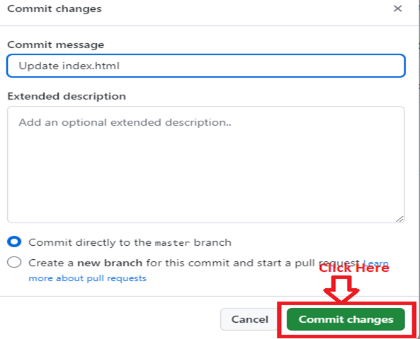 Again, click on Commit changes to the index.html file