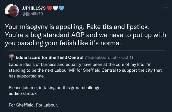 Tweet by “JJPhills79” reading “Your misogyny is appalling. Fake tits and lipstick. You’re a bog standard AGP and we have to put up with you parading your fetish like it’s normal.” Quoted is Eddie Izzard’s Tweet announcing her candidacy.