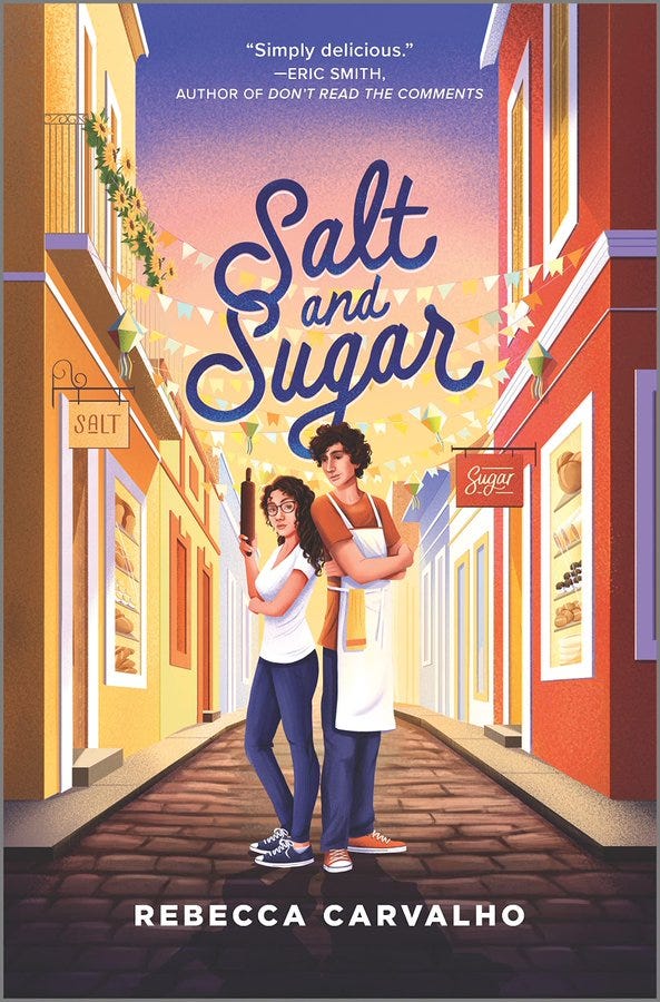 Cover image for Salt and Sugar. Illustration of a narrow street with brick cobblestones upon which the two protagonists stand back to back. Lari, standing to the left, has curly dark brown hair which goes a little past her shoulders and is wearing glasses, a white top, skinny blue jeans, and blue tennis shoes. She is holding a rolling pin and looks serious and determined. Pedro, standing to Lari’s right, has short but floppy curly dark brown hair and is wearing an orange t-shirt.