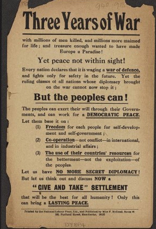 Pro peace poster from First World War printed in Manchester