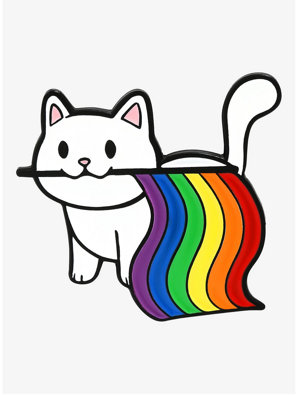 a pin of a white cat holding the rainbow flag in its mouth