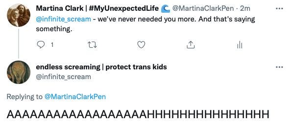 Screenshot of tweet and subtweet between @martinaclarkpen and @infinite_scream