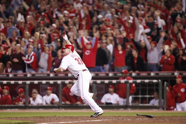 Jay Bruce hits a NL Central-clinching home run against the Houston Astros in 2010 (Getty Images).