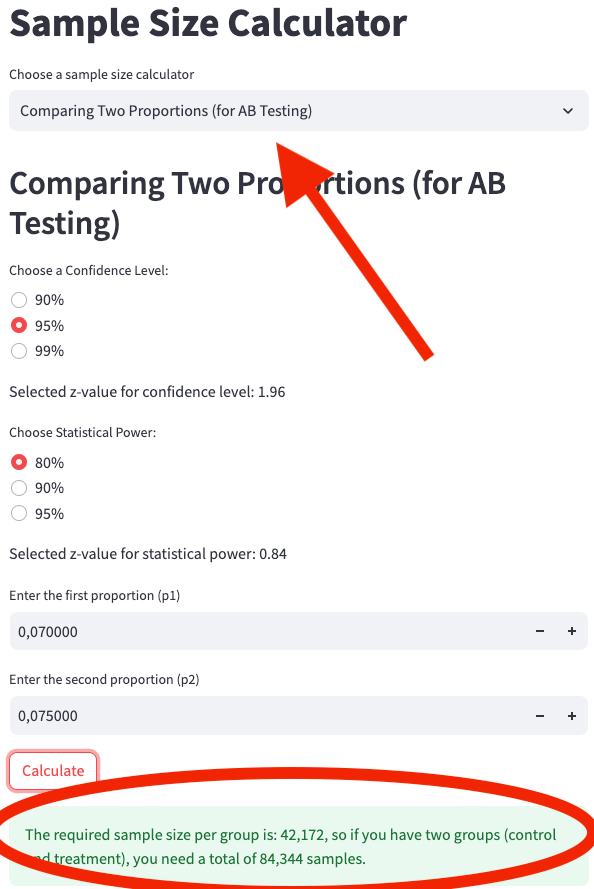 App screenshot 3: Calculating the sample size for comparing two proportions.