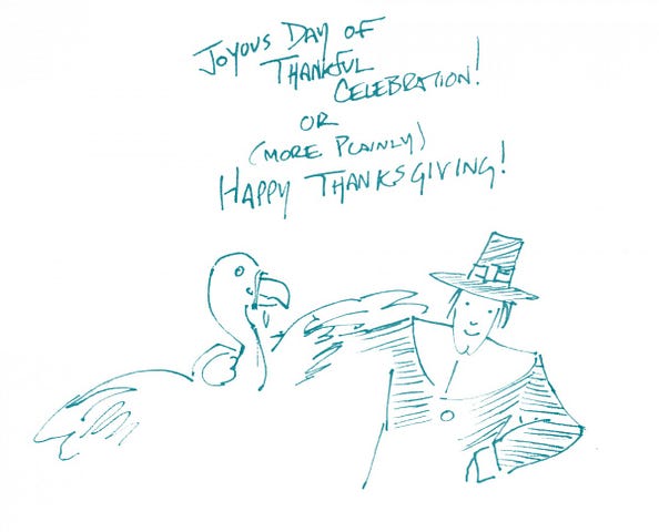 Illustration of a turkey and a pilgrim saying "happy Thanksgiving!"