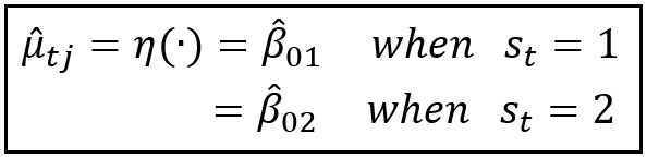 The predicted mean of the visible process switches between two values depending on which state the hidden 2-state Markov process in