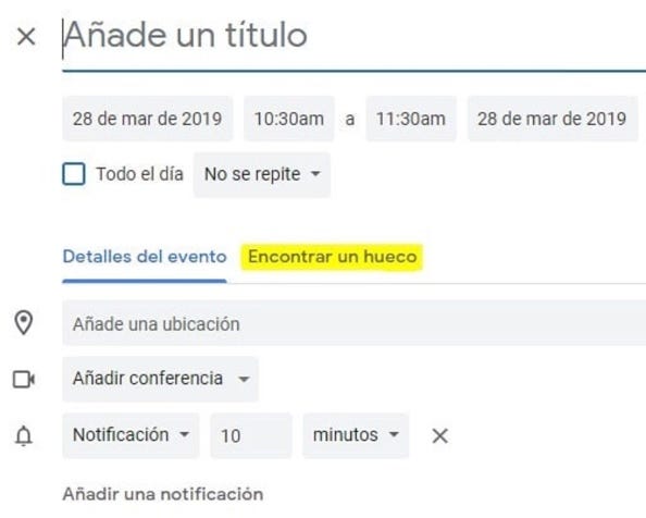 Imagen de la programación de una reunión en Google Calendar.