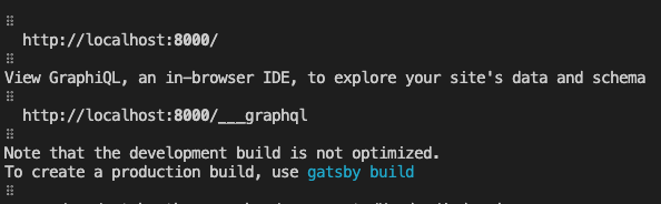 Console showing Gatsby building a site