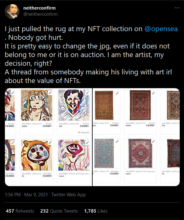 https://twitter.com/neitherconfirm/status/1369285946198396928 An example situation, this alleged tweet gained some traction recently. A literal “rug-pull.” All credit to @neitherconfirm on Twitter. So why do people not protect their NFTs — of which some people have paid upwards of $69M for?