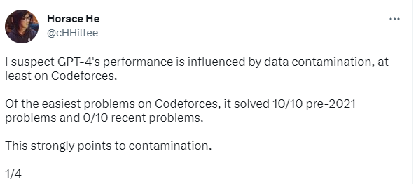Tweet: I suspect GPT-4’s performance is influenced by data contamination, at least on Codeforces. Of the easiest problems on Codeforces, it solved 10/10 pre-2021 problems and 0/10 recent problems.  This strongly points to contamination.