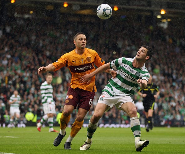 Tom Hateley taking on Charlie Mulgrew in the 2011 Scottish Cup Final