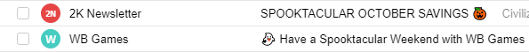 2K Newsletter and WB Games used a pumpkin emoji and a ghost emoji for their Halloween email campaings