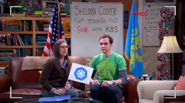 Big bang theory edited picture with "Fun with K8s" as the name of the show