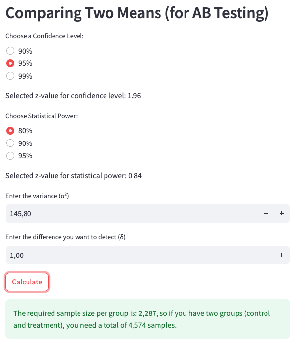 App screenshot 2: Calculating the sample for comparing two means with Delta = 1.