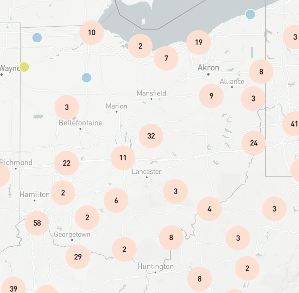 Screen capture of a map of Ohio showing many data dots representing the number of ads placed in papers where survivors of slavery hoped to re-connect with family.