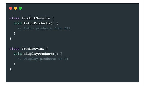 Code example showing a solution to SOLID principles violations in Flutter, illustrating improved design and adherence to best practices.