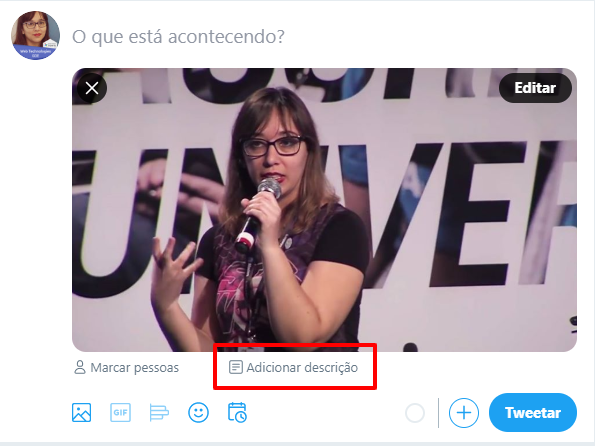 Caixa de publicação de tweet na versão web, com uma foto inserida e o botão “Adicionar descrição” detalhado.