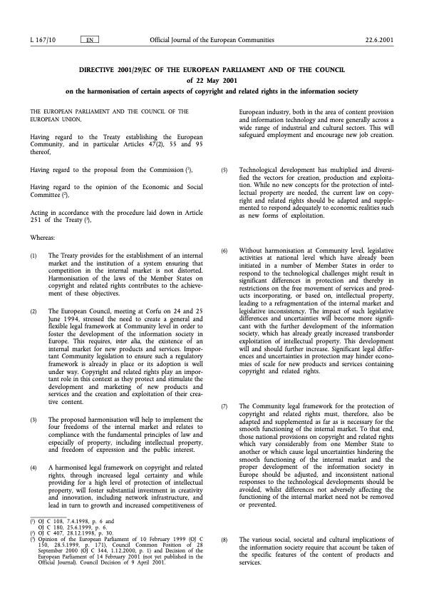 Front page of the Directive  2001/29/EC of the European Parliament and og the Council of 22 May 2001 on the harmonisation of certain aspects of copyright and related rights in the information society