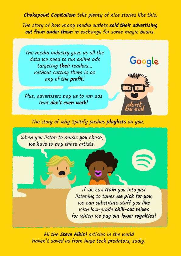 Comics page. Some ugly stories about how Google, Spotify and other companies steal your attention using technology and sleazy UX theory.