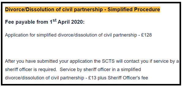 Screenshot of the Sheriff Court simplified procedure divorce fee. It says £128 pounds.