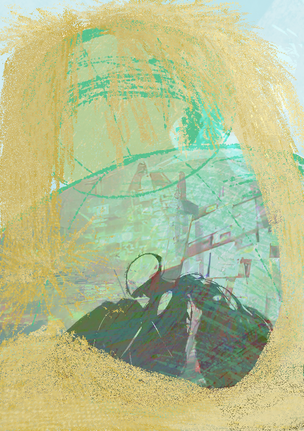 A digital drawing portraying (from a low angle) an anthropomorphic silhouette trapped inside the bottom part of a huge hourglass, where it’s surrounded by dream-like images of an endless amount of buildings. Instead of going down, sand is overflowing from the top of the hourglass, out onto the the desert where the big hourglass is located.