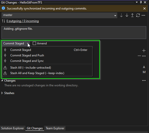 Commit and push in Visual Studio