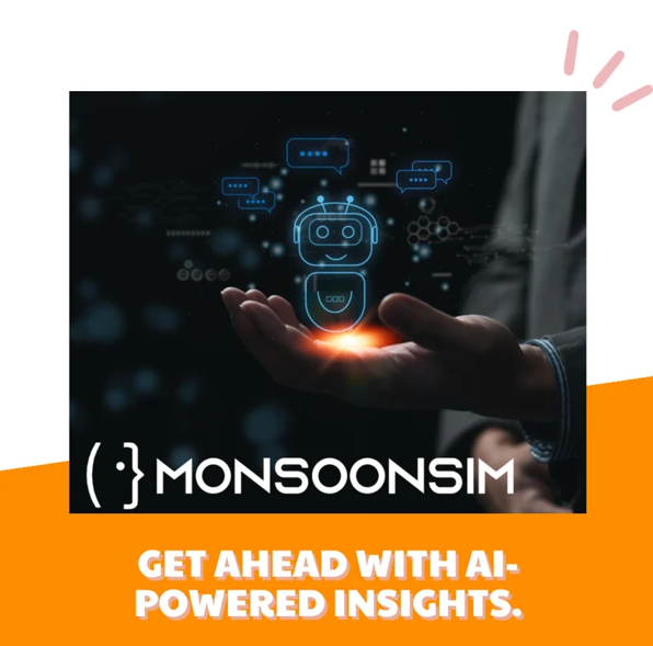 An animated graphic showing a glowing AI robot held in a person’s hand, symbolizing advanced technology and innovation with text that reads “MONSOONSIM: Get Ahead with AI-Powered Insight