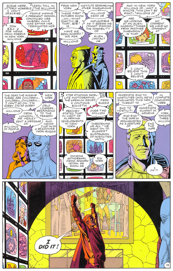 Moore and artist Dave Gibbons’ multi-layered approach to storytelling within the great Watchmen, 1986.